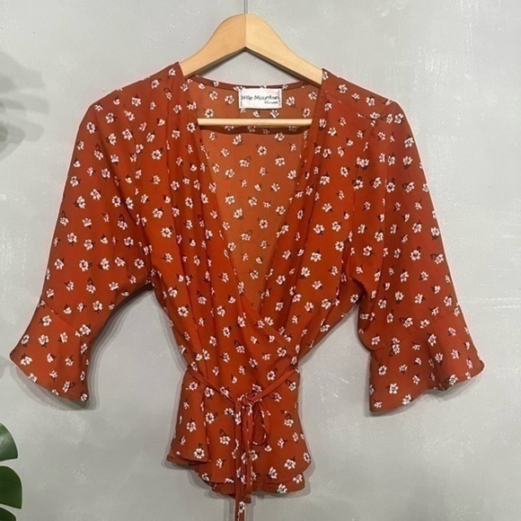 3/$30 _ LITTLE MOUNTAIN | Brick Floral Wrap Peplum Blouse half sleeve boho - L - Picture 4 of 9